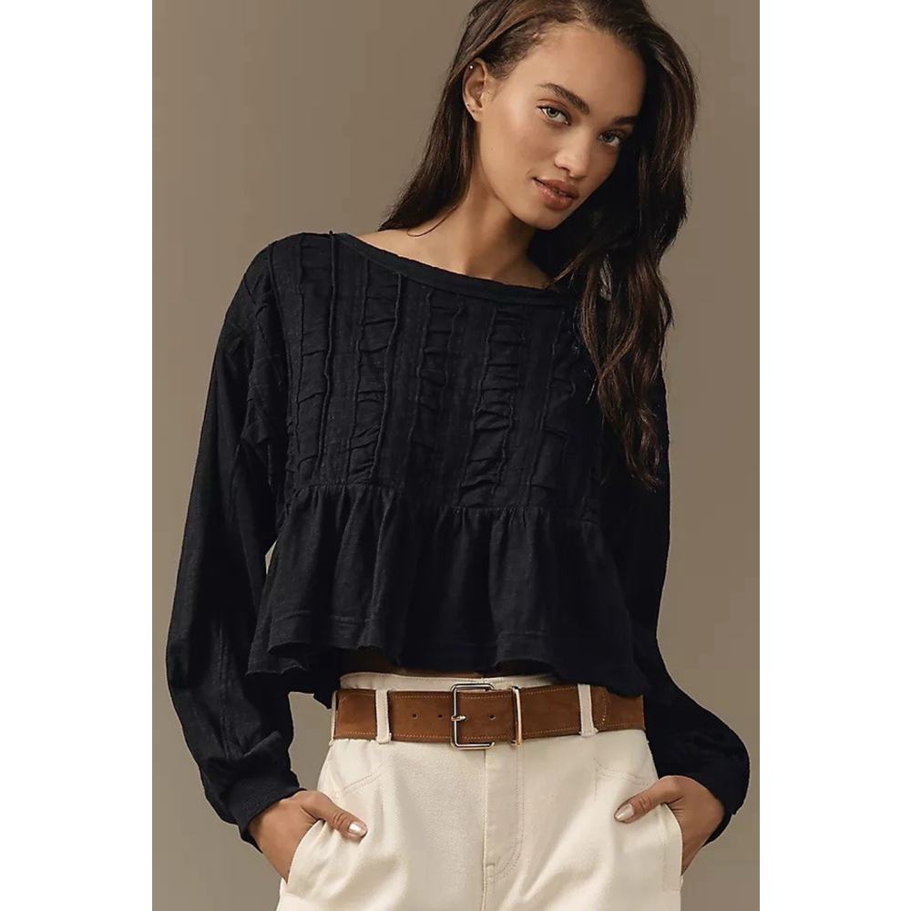 Anthropologie Pilcro Textured Babydoll Top Long-Sleeve Black XXS Oversized